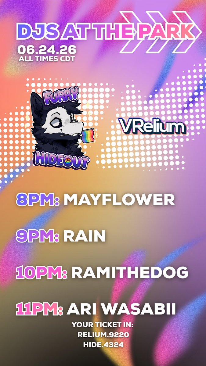 PURPLEMAYFL0WER's tweet photo. Who's ready to party this Friday night? 

I'll be bringing new things just for you~

Join as this event is going to be wild.

@Vrelium @furryhideout 
#Music #Vrchat #Event https://t.co/lm01UCemMQ