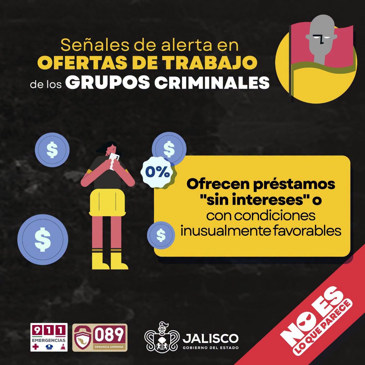 SIBPJal's tweet photo. #Alerta Los grupos criminales utilizan las redes sociales para engañar y reclutar. Desconfía de las personas que supuestamente ofrecen "préstamos" sin ningún interés o sin condiciones. 

Emergencias 9-1-1 
Denuncia Anónima 089 https://t.co/LrNKTF4kSW