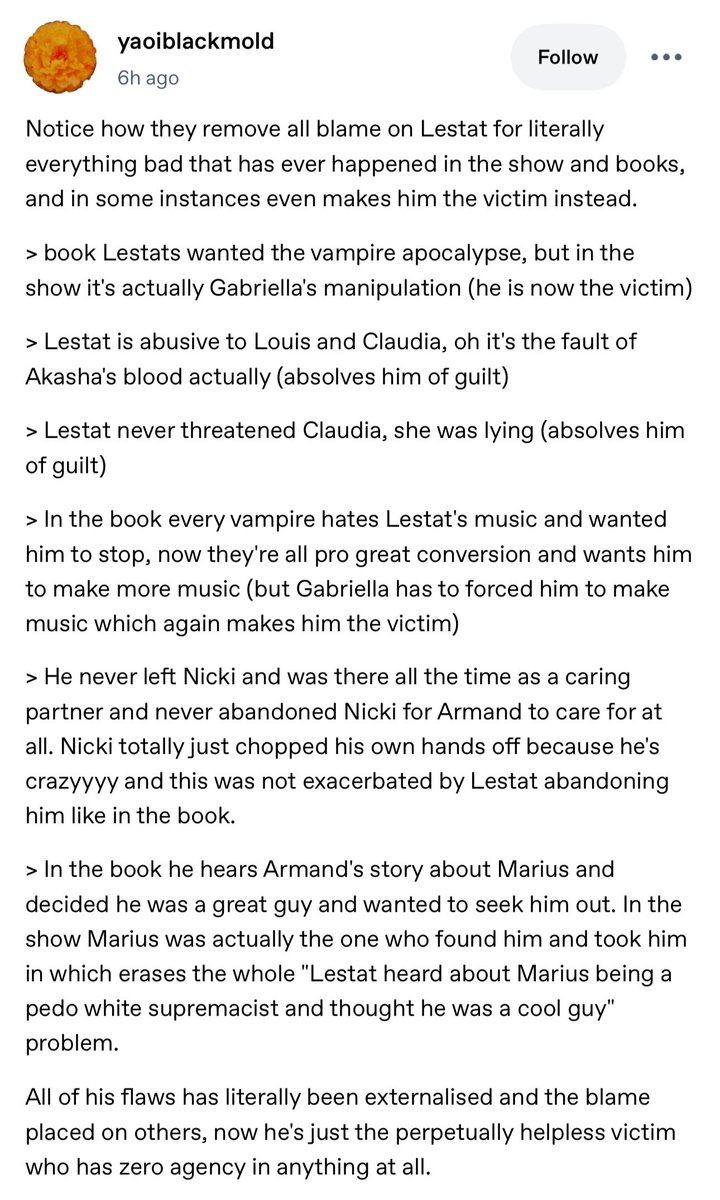 bbepmand's tweet photo. I didn't understand why Lestat fans love this show's adaptation that was the exact opposite of the book. But now I know. Rollin and Hannah created the Lestat that fans wanted - one who takes no responsibility and always plays the victim in any situation https://t.co/bHFCIdyWAp
