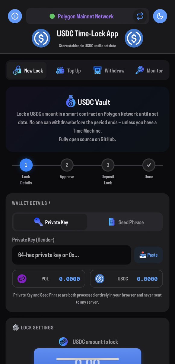 USDCTIMELOCK's tweet photo. 🚀 https://t.co/IU8CJQ00Ru — a free tool to lock your USDC until a date you choose, on the Polygon network.
No middleman, no custodian — just you and the smart contract.
Try it now 👇 
https://t.co/IU8CJQ00Ru
@0xPolygonFdn ,@USDC , #timelock https://t.co/BpM4o33i7g