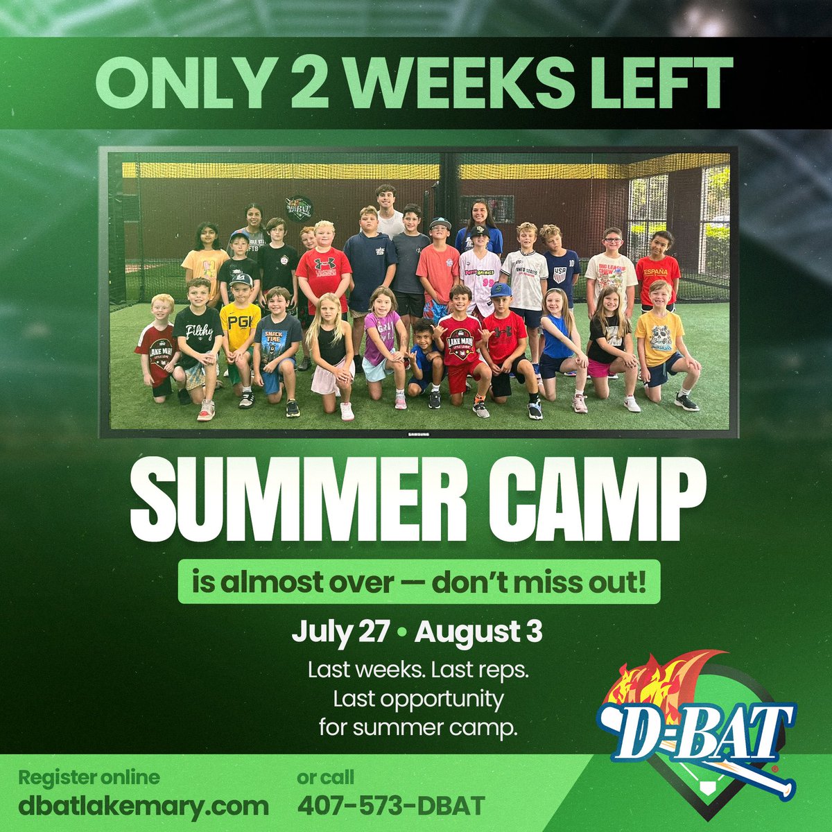 lake_bat's tweet photo. Only two weeks remain in our 2026 D-BAT Baseball ⚾&amp; Softball 🥎Summer Camp Series. July 27th and August 3rd mark the final stretch to get your athlete registered.

Full‑week and daily rates are available. Register now at https://t.co/vtADvqw6hK or call 407‑573‑DBAT. https://t.co/fx6r13GemW