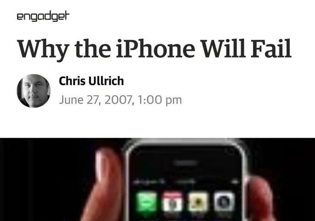 historyinmemes's tweet photo. A wild headline that hasn’t aged very well from 2007, “Why the iPhone Will Fail”

When Apple introduced the first iPhone in 2007, many questioned whether a touchscreen device without a physical keyboard could compete in the mobile phone market. Critics doubted its price, lack of features like copy-and-paste, and Apple’s ability to challenge established brands.

Despite early skepticism, the iPhone transformed the technology industry by combining a phone, music player, and internet device into one sleek product. Its success sparked the smartphone revolution, reshaped mobile computing, and turned Apple into one of the world’s most influential companies.