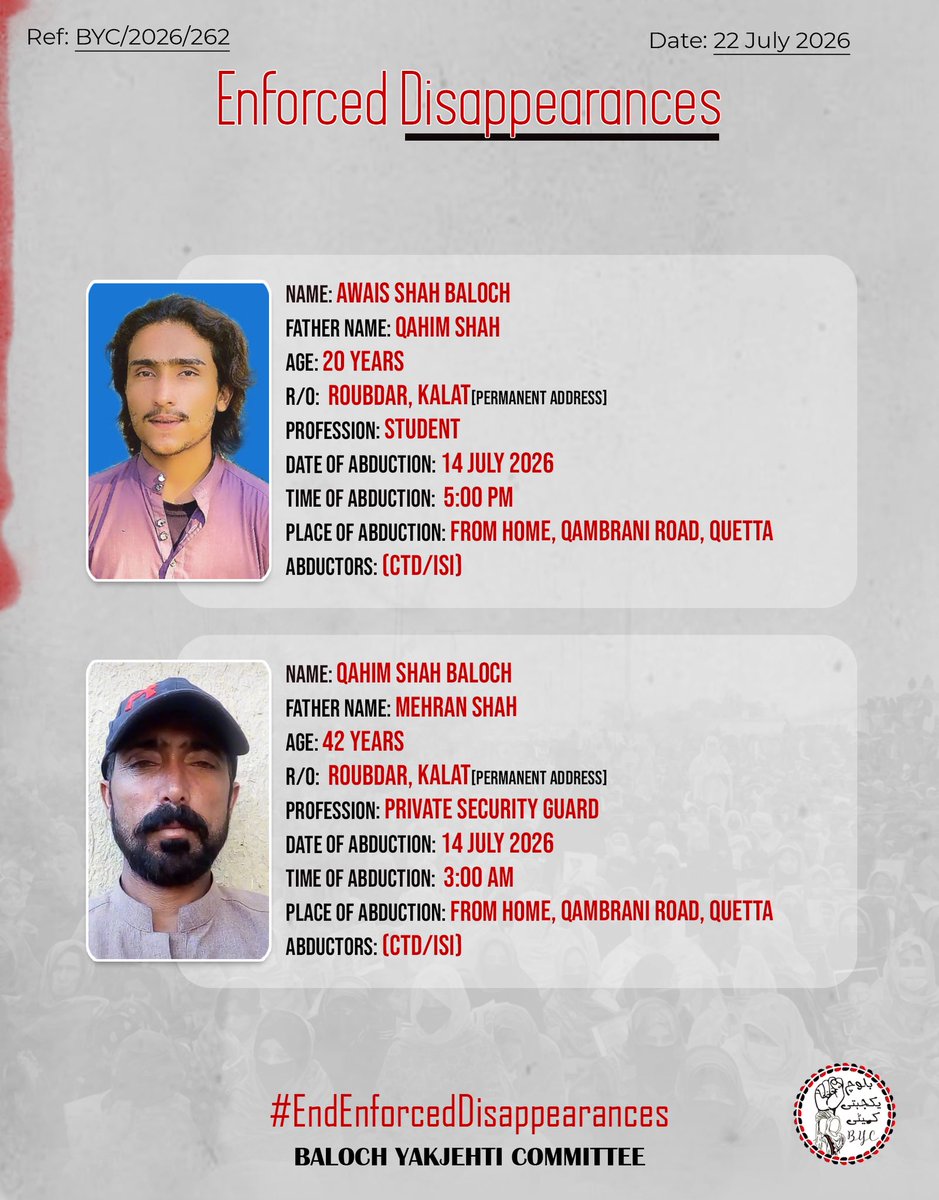 BalochYakjehtiC's tweet photo. 𝗘𝗻𝗱 𝗘𝗻𝗳𝗼𝗿𝗰𝗲𝗱 𝗗𝗶𝘀𝗮𝗽𝗽𝗲𝗮𝗿𝗮𝗻𝗰𝗲𝘀!

#EndEnforcedDisappearances
#StopBalochGenocide https://t.co/odzpa6QQly