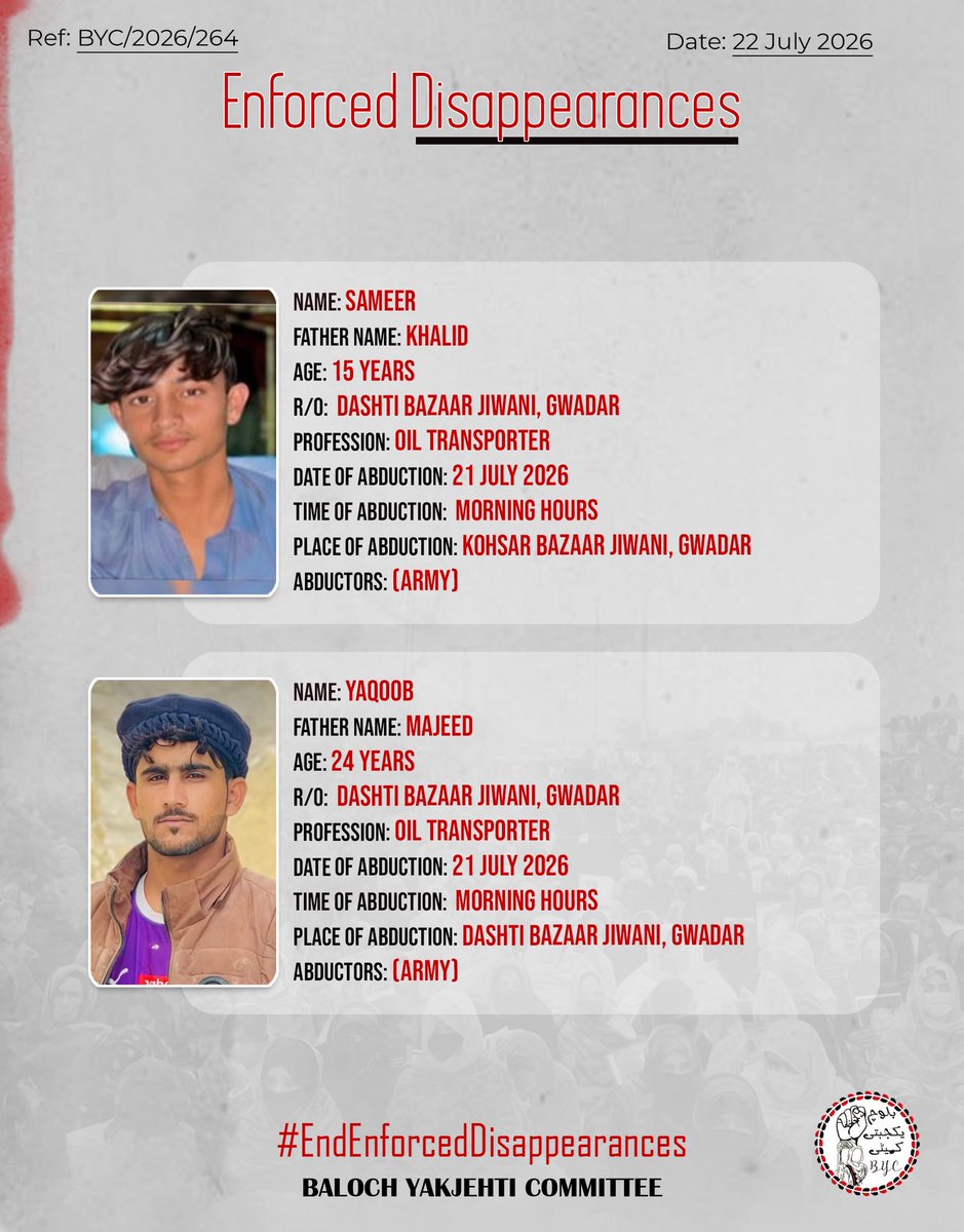 BalochYakjehtiC's tweet photo. 𝗘𝗻𝗱 𝗘𝗻𝗳𝗼𝗿𝗰𝗲𝗱 𝗗𝗶𝘀𝗮𝗽𝗽𝗲𝗮𝗿𝗮𝗻𝗰𝗲𝘀!

#EndEnforcedDisappearances
#StopBalochGenocide https://t.co/xVpwcNgsm5