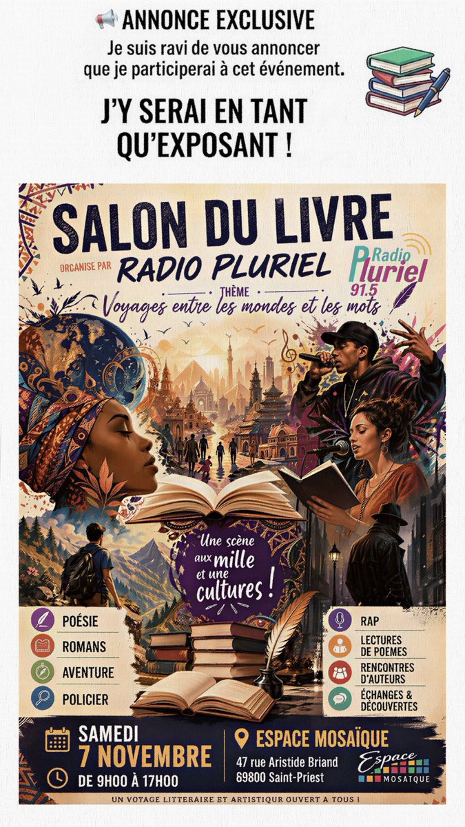SLariosAuteur's tweet photo. J'ai le plaisir de vous annoncer que je participerai au salon du livre à l'Espace Mosaïque de Saint-Priest, le 7 novembre 2026 ! 🙂 

Vous pourrez m'y retrouver avec les 3 tomes de LE PETIT FRÈRE et certainement mon nouveau livre.  

#litterature #livrefrançais #thrillerfrançais https://t.co/3rAg9F8Svw