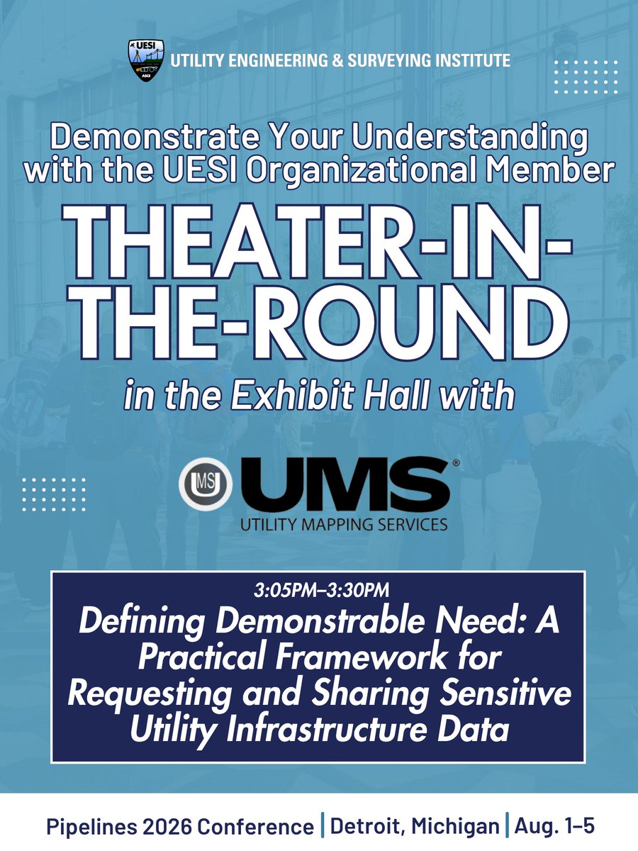 uesi_asce's tweet photo. Who should have access to sensitive utility infrastructure data?

Join UMS &amp; define "demonstrable need" in balancing data accessibility w/ security &amp; risk management

Pipelines 2026 Exhibit Hall | Detroit, Michigan | Aug. 3
#PipelinesConference #UESI #InfrastructureSecurity #GIS https://t.co/HU7I2JnUVH
