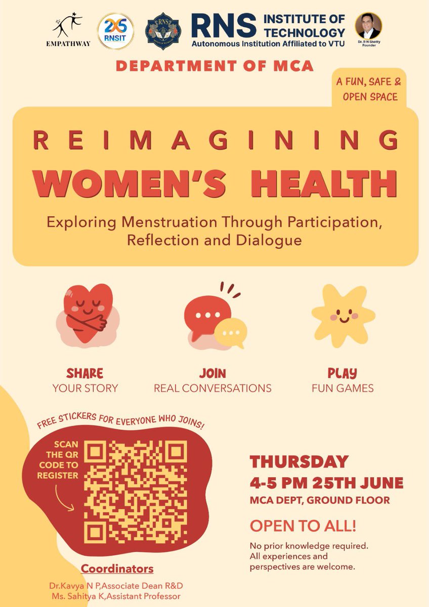 rnsitmca8421's tweet photo. Meaningful conversations. Greater awareness. Lasting impact. 🌸
The Department of MCA, RNS Institute of Technology, successfully conducted "Reimagining Women's Health", fostering awareness, openness, and well-being.
#RNSIT #RNSITMCA #WomensHealth #Awareness #Empowerment https://t.co/A6IepSpqDD