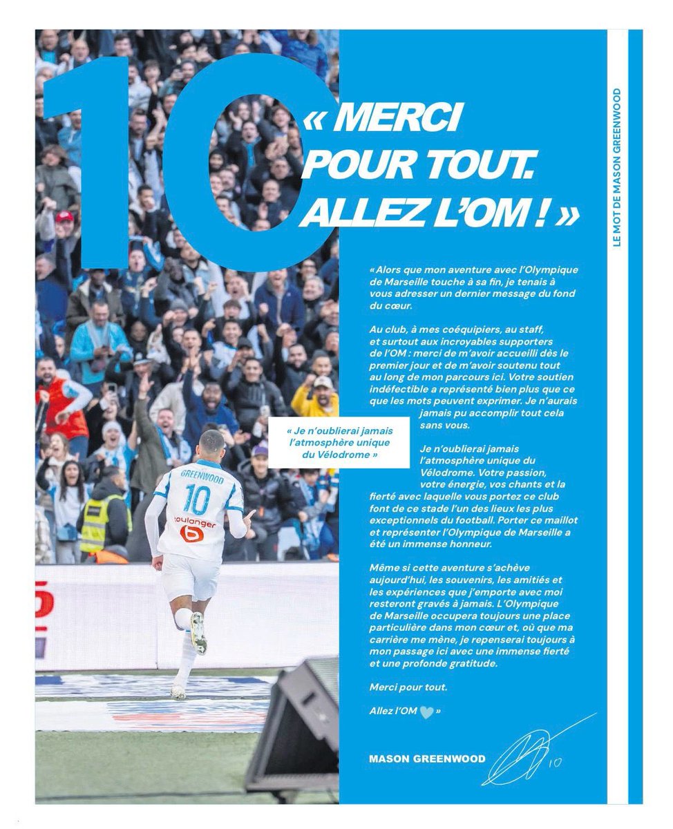 ActuFoot_'s tweet photo. « MERCI POUR TOUT. ALLEZ L’OM ! » 💙🤍

Mason Greenwood 🏴󠁧󠁢󠁥󠁮󠁧󠁿 s’est offert une page dans La Provence pour faire ses adieux aux Marseillais. 👋 

📸 @laprovence https://t.co/MCu99YBFDZ
