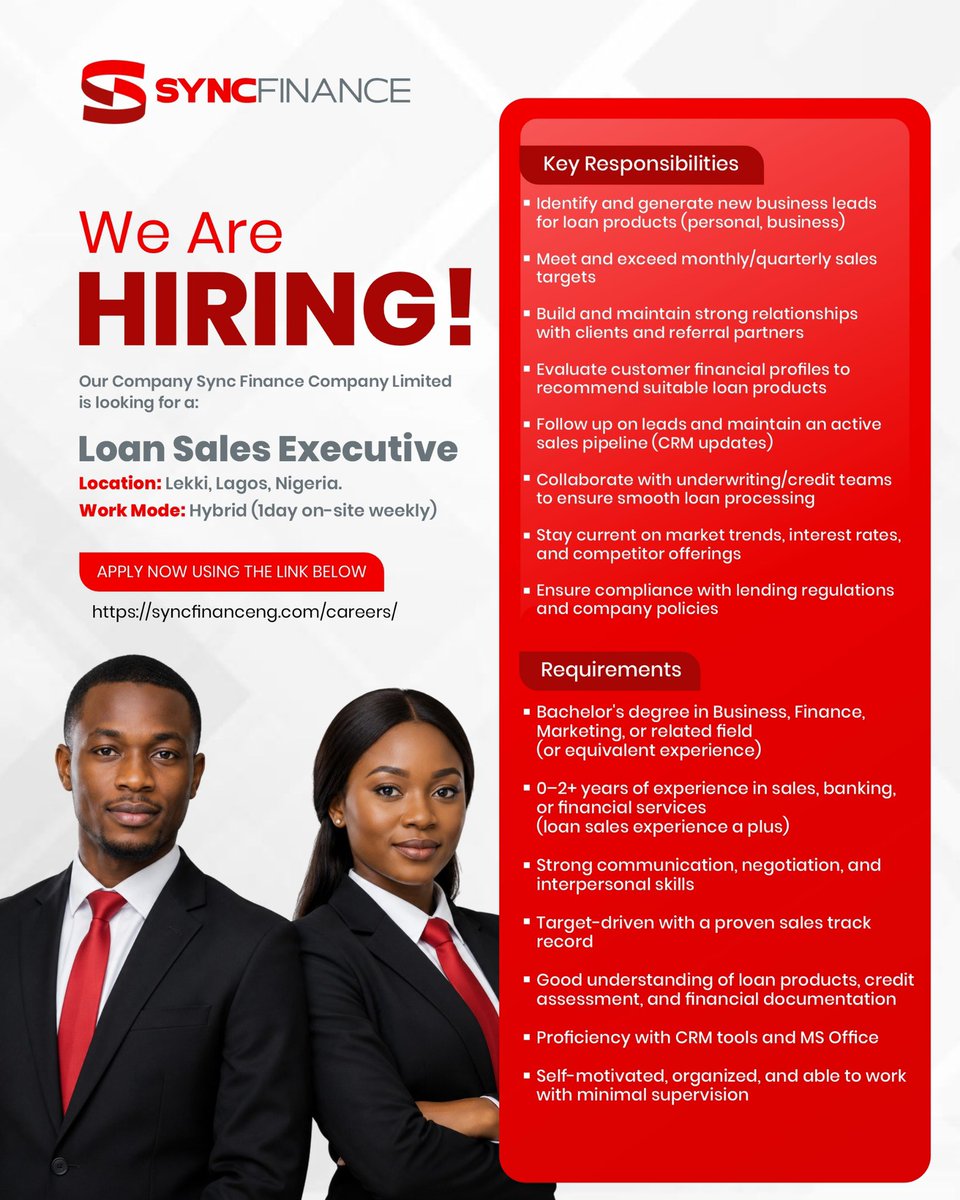 syncfinanceng's tweet photo. We're hiring‼️📢
Loan Sales Executive | Lekki, Lagos | Hybrid
Apply: https://t.co/glXg1vzcEi

#JobOpening #jobopportunity #jobvacancy #hybrid #BREAKING https://t.co/FYhNBCTOQK