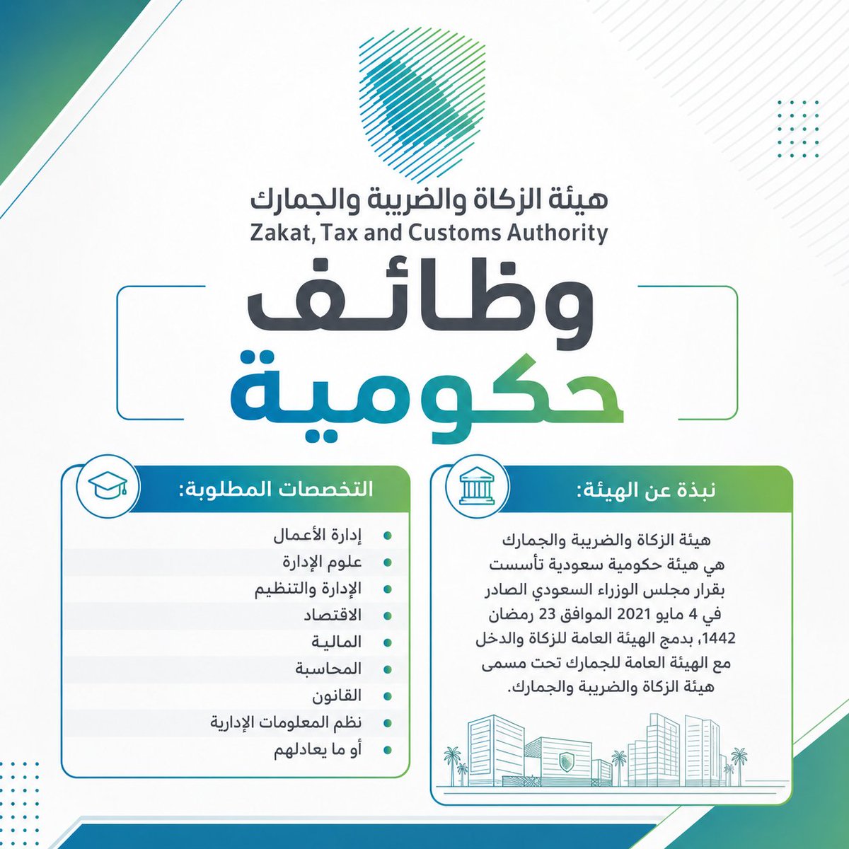 WadhefaDotCom's tweet photo. 🟢 فتح التوظيف في ⁧#هيئة_الزكاة_والضريبة_والجمارك⁩:

تعلن هيئة الزكاة والضريبة والجمارك (هيئة حكومية) عن #وظائف للجنسين من ذوي الخبرة حملة البكالوريوس فأعلى بمختلف التخصصات (إدارة الأعمال, الإدارة والتنظيم, القانون, المحاسبة, وغيرها)

التفاصيل: https://t.co/S7PI8Ygwh7 https://t.co/dq0Gi2jjKW