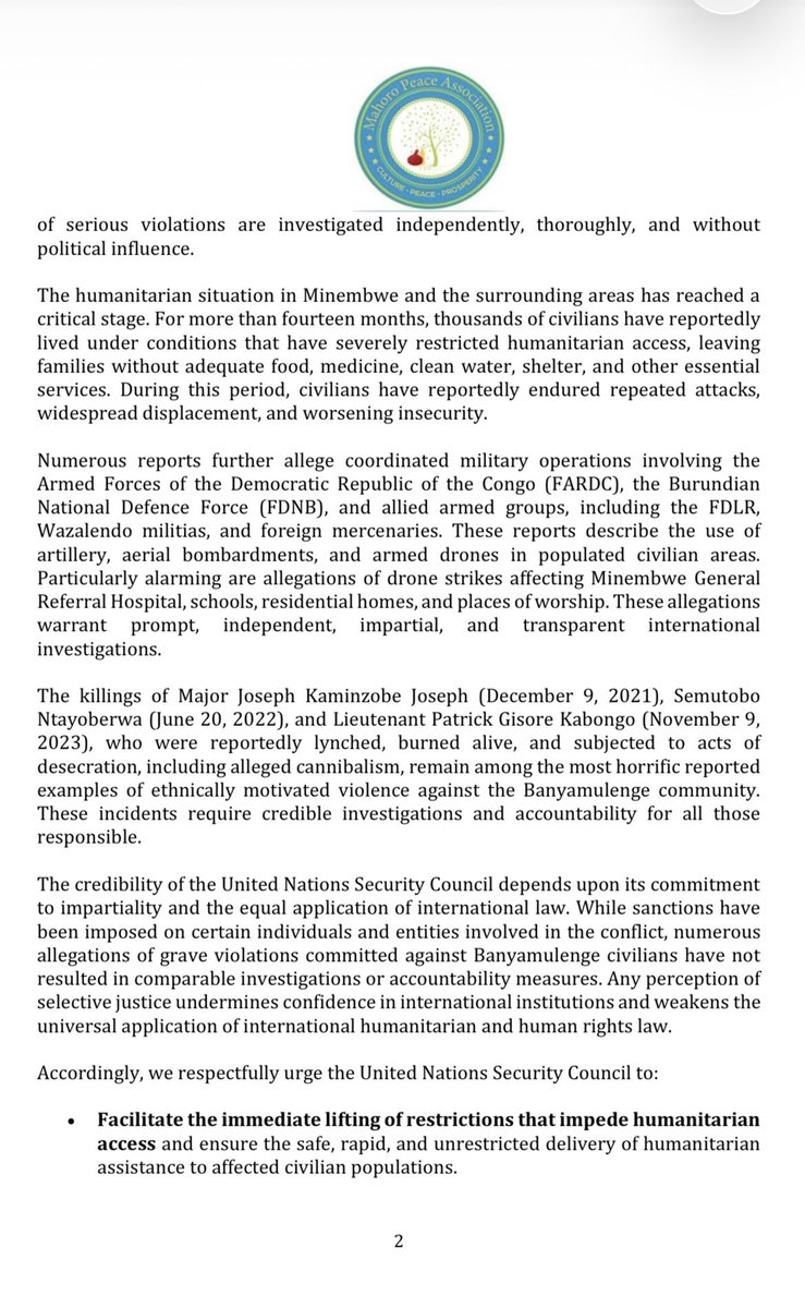 MahoroMpa's tweet photo. #DRCongo #UN #SecurityCouncil 

🚨 As the DRC Presided Over the UN Security Council, Victims Called for Equal Justice

Today, as the Democratic Republic of the Congo presided over the United Nations Security Council, representatives of the Congolese Tutsi/Banyamulenge diaspora formally submitted an urgent memorandum to the UN Security Council, calling for immediate action to address the ongoing humanitarian and security crisis in eastern Democratic Republic of the Congo.

The memorandum urges impartial accountability for violations of international law, unhindered humanitarian access, meaningful protection of civilians, and the equal application of justice to all communities affected by the conflict.

The submission was accompanied by a peaceful demonstration led by members of the Congolese diaspora, who called on the international community to move beyond statements of concern and take concrete steps to prevent further suffering, protect vulnerable civilians, and uphold the principles of human rights and international law without discrimination.

The timing of this appeal carries a powerful message: while the DRC presided over the Security Council, those most affected by the conflict came to the United Nations seeking equal protection, accountability, and justice under international law.

No community should be denied protection. No victim should be overlooked. Peace, human dignity, accountability, and equal justice must apply to all.

#DRC #Banyamulenge #HumanRights #UNSC #Peace

@UN @antonioguterres @UN_News_Centre
@UN_Spokesperson
@UNHumanRights
@UNOSAPG
@UNPeacekeeping
