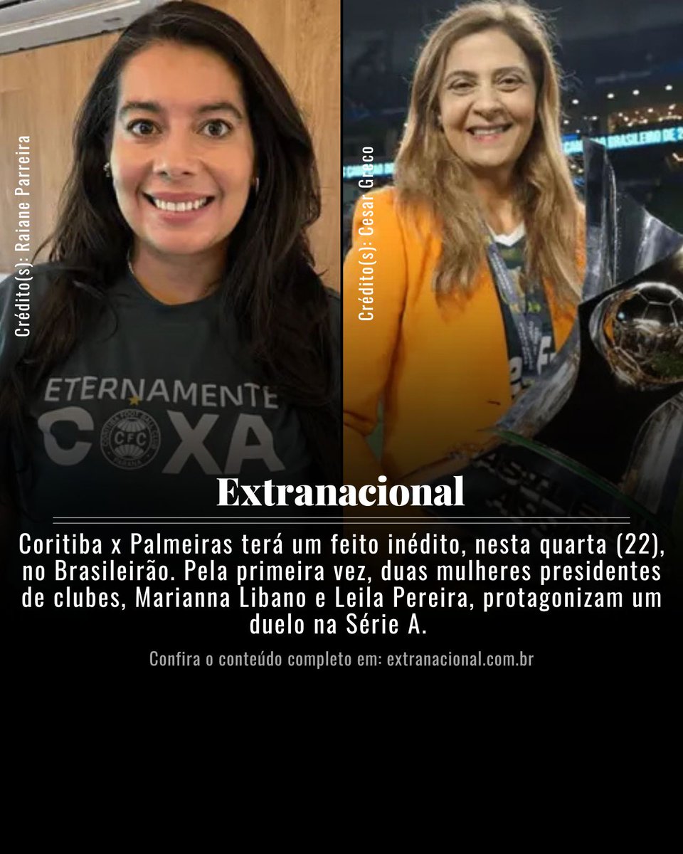 etnesportes's tweet photo. Coritiba x Palmeiras terá um feito inédito, nesta quarta, no Brasileirão. Pela primeira vez, duas mulheres presidentes de clubes, Marianna Libano e Leila Pereira, protagonizam um duelo na Série A.

A íntegra, em Extranacional (@extranacionalon)

#coritiba #palmeiras #brasileirao https://t.co/5Se6KSyY85