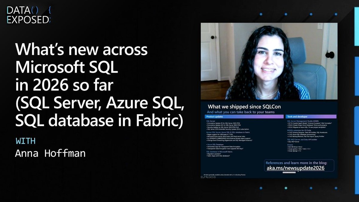 MSAzureDev's tweet photo. SQL 2026 is loaded! 💥
Regex DDM, AES TDE, AI embeddings, local TZ, 192 vCores, Fabric Apps, Rayfin shareable sites, SQL Notebooks, schema compare, MCP Server + Arrow fetch API.
So much shipping it’s basically a conveyor belt. 😅
👉 Watch on Data Exposed: https://t.co/MzPCRxa3uo https://t.co/Et8cxsbVAT