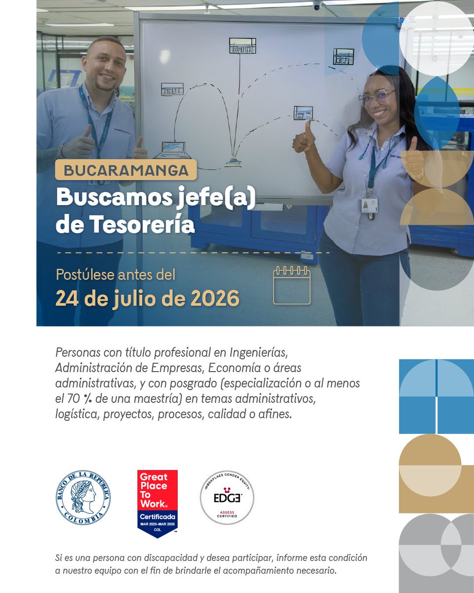 BancoRepublica's tweet photo. ¡Haga parte del #TalentoBanRep y deje huella en Colombia!
Buscamos jefe(a) de Tesorería. Postúlese hasta el 24 de julio de 2026, consulte más información 👉 https://t.co/MTQeIEQG2Q
Importante: Las ofertas de empleo del Banco de la República son completamente gratuitas y no se requiere de intermediarios para acceder o participar en las mismas.