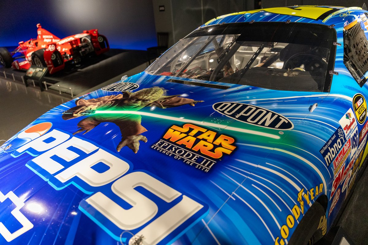 IMSMuseum's tweet photo. See Jeff Gordon's 2005 Pepsi Star Wars Episode III Chevrolet Monte Carlo in the "Jeff Gordon" exhibit at the IMS Museum! Gordon won three Superspeedway races with this chassis. https://t.co/B4macuRBR3