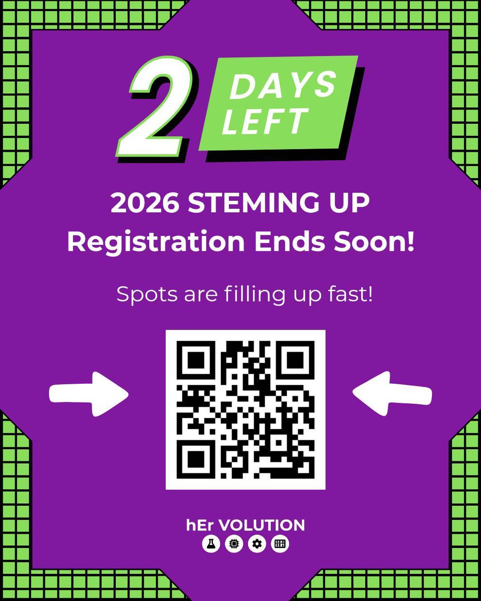 hEr_VOLUTION's tweet photo. 🕑 2 days left to register for STEMing UP 🕑

No matter your skill level, everyone can benefit from what STEMing UP has to offer!

🚨 Apply here by July 24: https://t.co/isgtxI5RA1    

#stemingup #stem #womeninstem #applynow #femaleempowerment" https://t.co/05x6ZHj90u