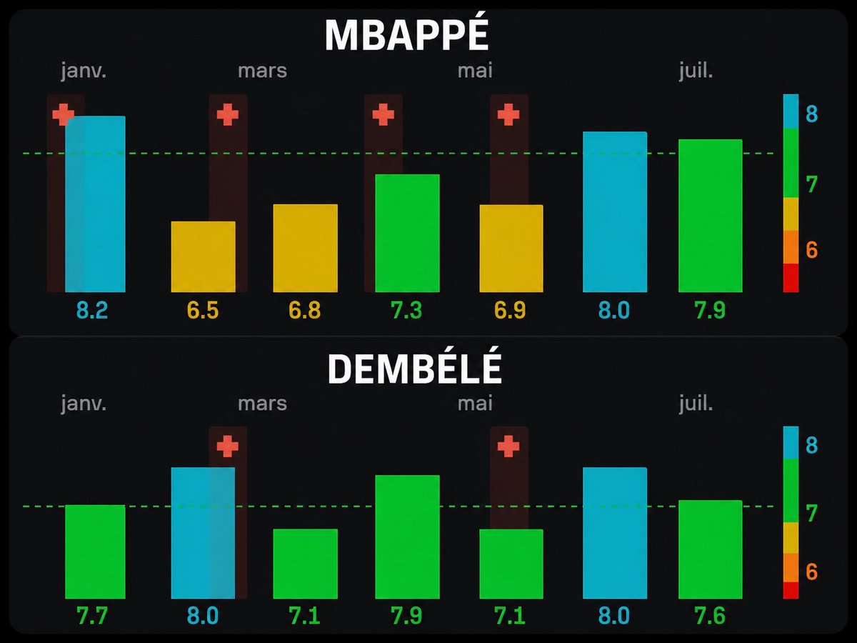 Soje2384's tweet photo. Quand je dis que c’est Ousmane Dembélé le vrai BO 2026 … Si pas de Vol. 👌

Voilà un comparatif des performances individuelles de Mbappé et Dembélé pendant la période très décisive de la saison. Là les meilleurs joueurs sont censés performer. 

Vous constatez que dès que les matchs difficiles qui demandent un niveau technique très élevé sont arrivés en Février, Mbappé a chuté dans ses performances🤔

Ousmane Dembélé pendant toute cette période reste dans le vert et fait meme bisou au bleu 👌

Dembélé remplit tous les critères: individuel, collectif, et fair play et c’est un des rares à les réunir tous. 👏

Pourquoi certains français ne veulent pas que Dembélé fasse son back to back qu’il mérite ? 🤔

Pourquoi vous ne voulez pas que la France rentre  à nouveau dans l’histoire 41 ans après Platîni ? 🤔
