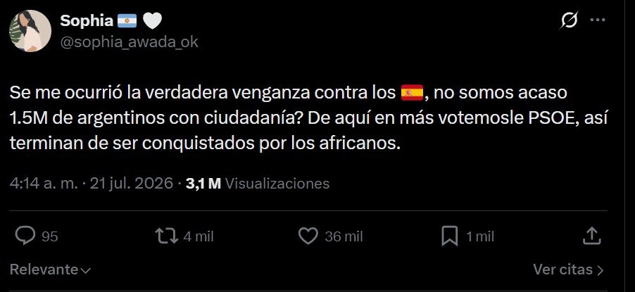 Helion_1ero's tweet photo. ⚠️MUCHO OJITO A ESTO

El tweet viral que decía que los 1.5M de argentinos con ciudadanía española deberían votar al PSOE para que terminemos de ser conquistados por los Africanos, lo han CENSURADO EN ESPAÑA, "por la legislación local".

¿HODIO se ha puesto en marcha ya? https://t.co/PwUbql5mko