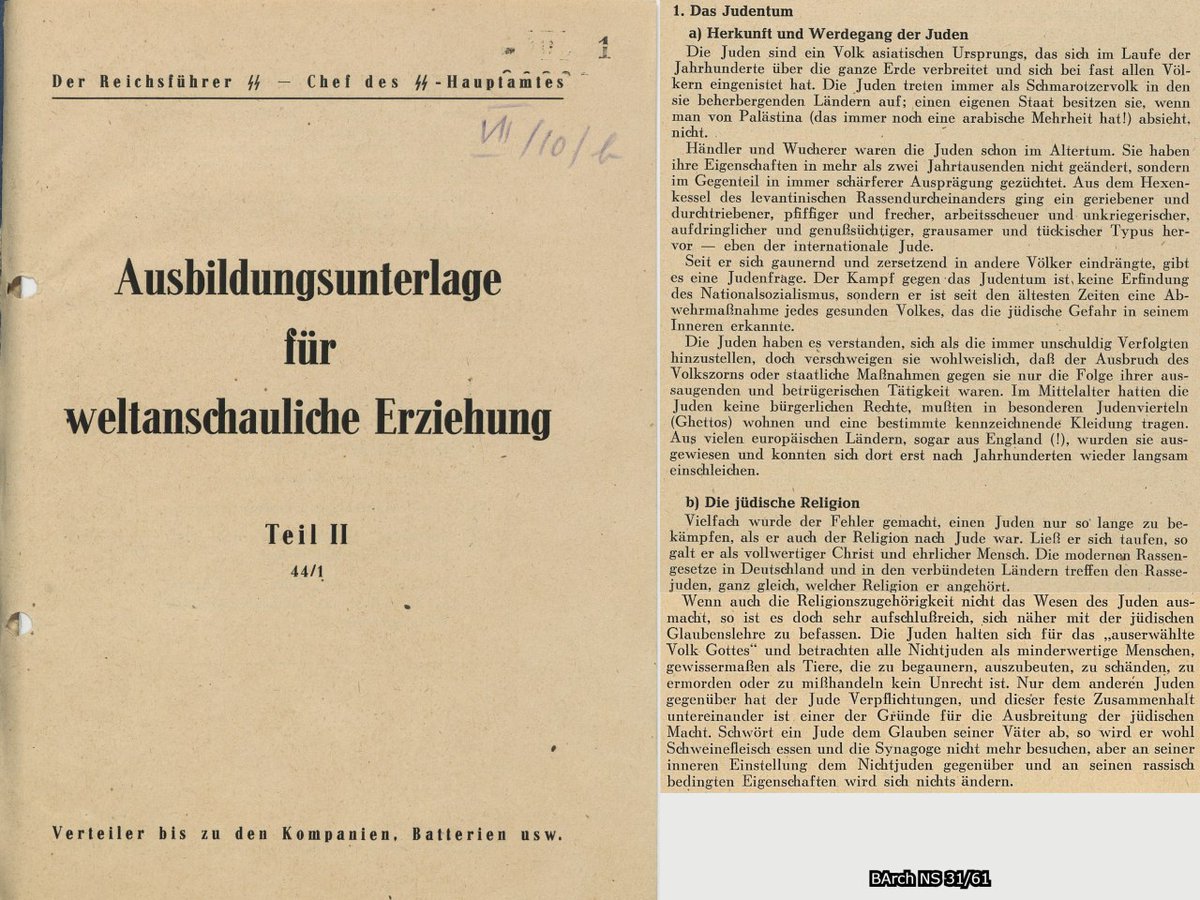 Ehrenkrieg2's tweet photo. 𝐓𝐡𝐞 𝐉𝐞𝐰𝐬 𝐚𝐫𝐞 𝐚 𝐑𝐚𝐜𝐞 𝐧𝐨𝐭 𝐞𝐱𝐜𝐥𝐮𝐬𝐢𝐯𝐞𝐥𝐲 𝐚 𝐫𝐞𝐥𝐢𝐠𝐢𝐨𝐧.‼‼️

Training material from the SS-Hauptamtes identified Jews primarily as a race and not just a religion. Baptism into Christianity is rejected, as Jewish behavior is biologically determined.  

𝔊𝔬𝔱𝔱𝔤𝔩ä𝔲𝔟𝔦𝔤𝔨𝔢𝔦𝔱

https://t.co/2k209uSgVB
__________________________________________

a) Origin and history of the Jews

The Jews are a people of Asian origin who, over the centuries, have spread across the globe and established themselves among almost every other people. The Jews always act as a parasitic people in the countries that host them; apart from Palestine (which still has an Arab majority!), they do not possess their own state. 

The Jews were already traders and usurers in antiquity. They have not changed their characteristics in more than two millennia, but on the contrary, have cultivated them in ever more extreme forms. From the cauldron of Levantine racial chaos emerged a cunning and devious, shrewd and brazen, lazy and unwarlike, intrusive and pleasure-seeking, cruel and treacherous type—namely, the international Jew. 

Ever since he began to swindle and subvert other nations, there has been a Jewish question. The fight against Judaism is not an invention of National Socialism, but rather a defensive measure employed since ancient times by every healthy people who recognized the Jewish threat within. The Jews have skillfully portrayed themselves as perpetually innocent victims of persecution, yet they conveniently conceal the fact that the outbreak of popular anger or state measures against them were merely a consequence of their exploitative and deceitful activities. In the Middle Ages, Jews had no civil rights, were forced to live in segregated Jewish quarters (ghettos), and had to wear distinctive clothing. They were expelled from many European countries, even from England (!), and only gradually managed to reintegrate after centuries.

b) The Jewish religion

The mistake was often made of only fighting a Jew as long as he was Jewish according to religion. If he was baptized, he was considered a fully-fledged Christian and an honest person. The modern racial laws in Germany and in the allied countries target racial Jews, regardless of their religious affiliation. While religious affiliation does not define the essence of a Jew, it is nevertheless very enlightening to examine Jewish doctrine more closely. Jews consider themselves the "chosen people of God" and regard all non-Jews as inferior beings, essentially as animals whom it is not wrong to rob, exploit, defile, murder, or mistreat. 

A Jew has obligations only to other Jews, and this strong sense of community is one of the reasons for the spread of Jewish power. If a Jew renounces the faith of his fathers, he will probably eat pork and no longer attend synagogue, but his inner attitude towards non-Jews and his racially determined characteristics will not change.
__________________________________

Source:

BArch NS 31/61 "Ausbildungsunterlage für weltanschauliche Erziehung Teil II 44/1" Der Reichsführer SS–Chef des SS-Hauptamtes p.29-30

https://t.co/BK9ObelXOB