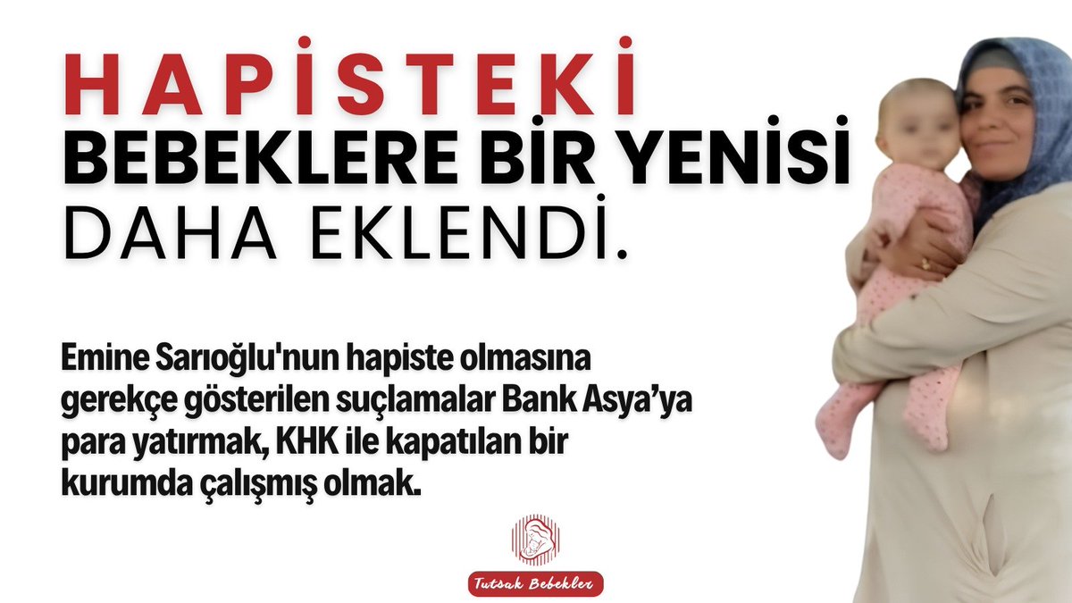 TutsakBebekler's tweet photo. Sosyal bilgiler öğretmeni Emine Sarıoğlu, 27 aylık bebeği Azra ile birlikte 27 Ekim’den beri Sincan Cezaevi’nde. Gelişim geriliği bulunan ve düzenli doktor takibi gereken bir bebeğin yeri cezaevi değildir. "Çocuğun üstün yararı" ilkesi  gözetilsin ve minik Azra özgürlüğüne kavuşsun.
@adalet_bakanlik 

AzraBebek Hapiste