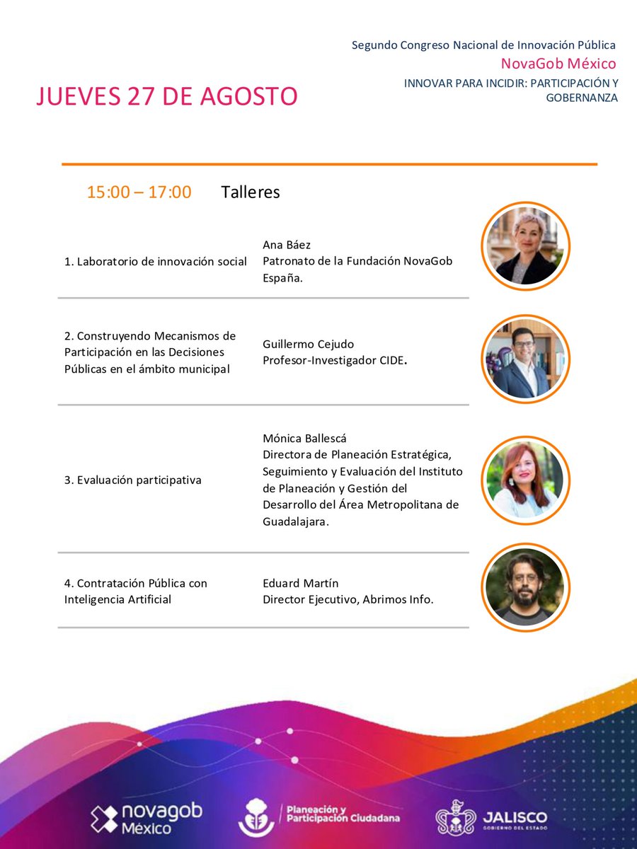novagob_mx's tweet photo. 🤓¡Regístrate al taller del Segundo Congreso Nacional de Innovación Pública NovaGob México 2026!
 Imparten: 🔹 @AnaBaezF 🔸 @GmoCejudo 🔹 @MonicaBallesca 🔸 @emartinborregon 
📅 27 de agosto 📍 Expo Guadalajara 🎟️ Cupo limitado https://t.co/8aP9q9mz3n https://t.co/Goq4kboH4F