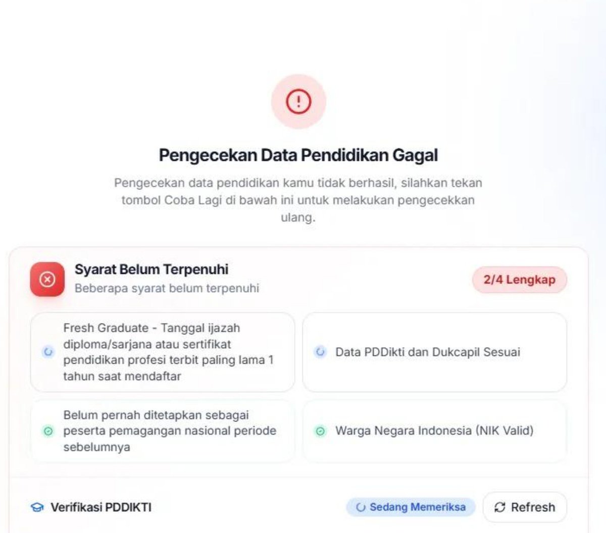 gerberaonaction's tweet photo. guys ada yg "pengecekan data pendidikan gagal" gini jugaa ga yaa #maganghub maganghub @KemnakerRI https://t.co/tHoFPykMww