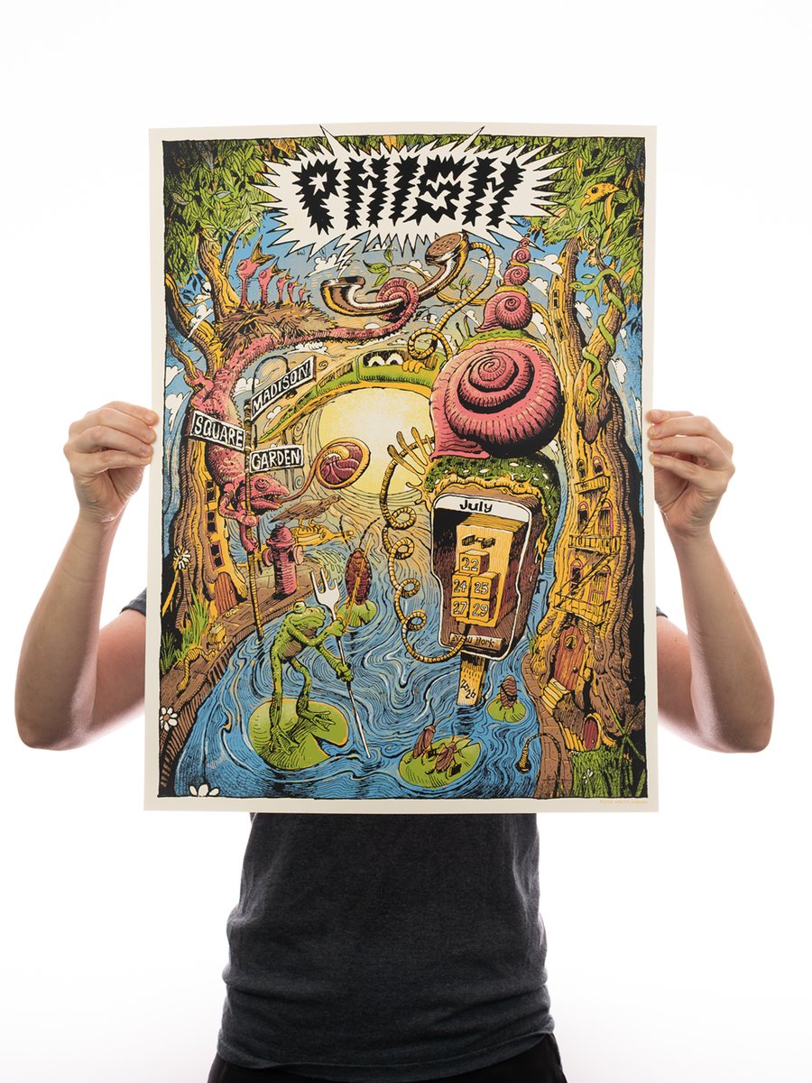 phishdrygoods's tweet photo. And finally, our fifth LE print available for the run by Maarten Donders. 18”x24” screenprint, numbered. Main Edition of 996. Printed by The Half and Half. 

Our early Dry Goods poster + merch stand will open at Chase Square (at 32nd + 7th) all 5 show days from 2PM-5PM. Biggest stash of posters will be available at this location early, versus inside. We’ll have all five available each show day. A very limited number of posters will be available inside the venue at doors alongside all merch.