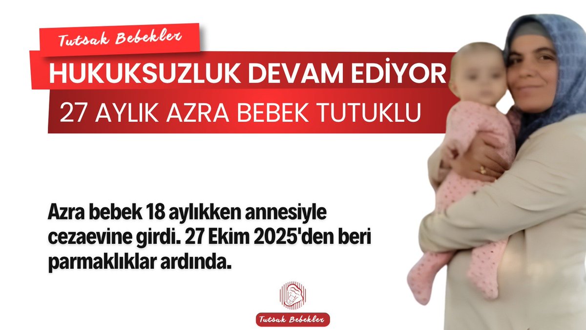 MiyaKontesss's tweet photo. Emine Sarıoğlu’nun 27 aylık bebeği Azra, hayatının en güzel yıllarını cezaevi duvarları arasında geçirmek zorunda kaldı. Hiçbir çocuk parmaklıkların gölgesinde büyümemeli. Çocukların yeri cezaevi değil, özgür bir çocukluktur.
@memduhtv
AzraBebekHapiste https://t.co/rsWR37MiiG