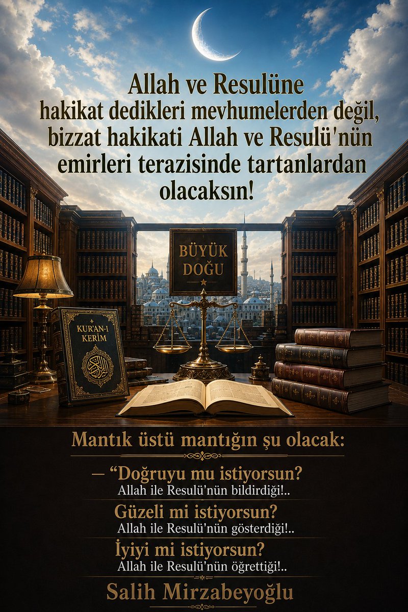 bdakonya's tweet photo. Biricik taktik ve diyalektik olarak Allah ve Resulüne hakikat dedikleri mevhumelerden değil, bizzat hakikati Allah ve Resulü'nün emirleri terazisinde tartanlardan olacaksın!
Mantık üstü mantığın şu olacak:

— “Doğruyu mu istiyorsun? Allah ile Resulü'nün bildirdiği!..
Güzeli mi istiyorsun? Allah ile Resulü'nün gösterdiği!..
İyiyi mi istiyorsun? Allah ile Resulü'nün öğrettiği!..”
Büyük Doğu Mimarı'nın bu ölçülendirmesi, Allah'a Resulü'nün gösterdiği yoldan bağlı olmanın ilk şartı ve gerek derinliğine ve gerekse genişliğine insan oluşlarının değerlendirileceği mizaç ve üslup ölçüsüdür. 
Bütün iş ve hamleler bu nokta etrafında ve O'ndan alınan pay ve aksettirme oranında derecelenir.

~Salih Mirzabeyoğlu, Necip Fazıl'la Başbaşa syf 18