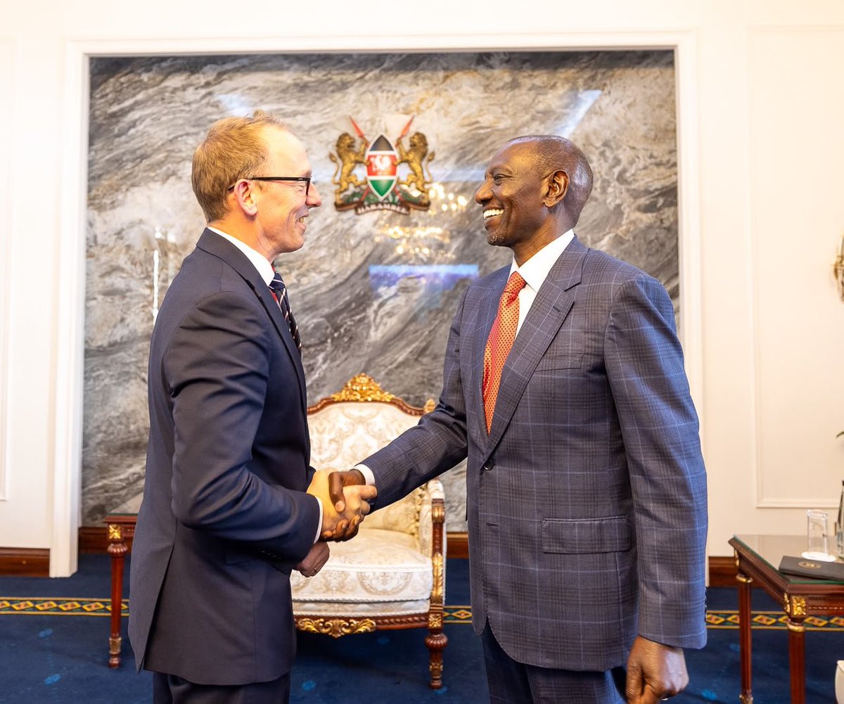 WilliamsRuto's tweet photo. Held talks with British High Commissioner to Kenya Matt Baugh, State House Nairobi.

Our discussions focused on strengthening Kenya-United Kingdom relations. We agreed to leverage the Kenya, UK Economic Partnership Agreement to expand trade, investment and shared economic opportunities.

Briefed the High Commissioner on the implementation of the National Infrastructure Fund and explored areas of partnership to accelerate our national transformation through strategic investment.

We also reaffirmed our commitment to regional peace and security, recognising that stability is the foundation of shared prosperity and sustainable progress.