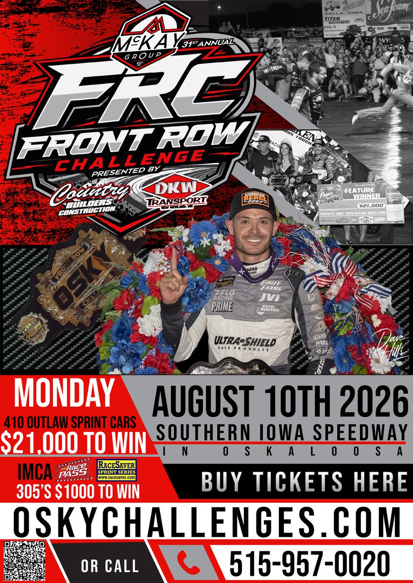 oskychallenges's tweet photo. Tickets are available for 31st Annual @mckayinsurance Front Row Challenge❗️❗️❗️❗️❗️❗️❗️
Monday August 10th at the Southern Iowa Speedway in Oskaloosa 
Discount Infield Party Passes 
Online and @oskytruevalue or call us 515-957-0020 for all tickets 🎫 

@SmithTitanium 
@Wilwoodbrakes 
@UltraShieldRace 
@MyRacePass 
@FloRacing 
@CB_Racing88 
@MarshallRacing_ 
@WintersRears 
@HoosierTire 
@hosehead33 
@TerryMccarl24 
@AustinMcCarl88 
@CarsonMcCarl 
@knoxvilleraces