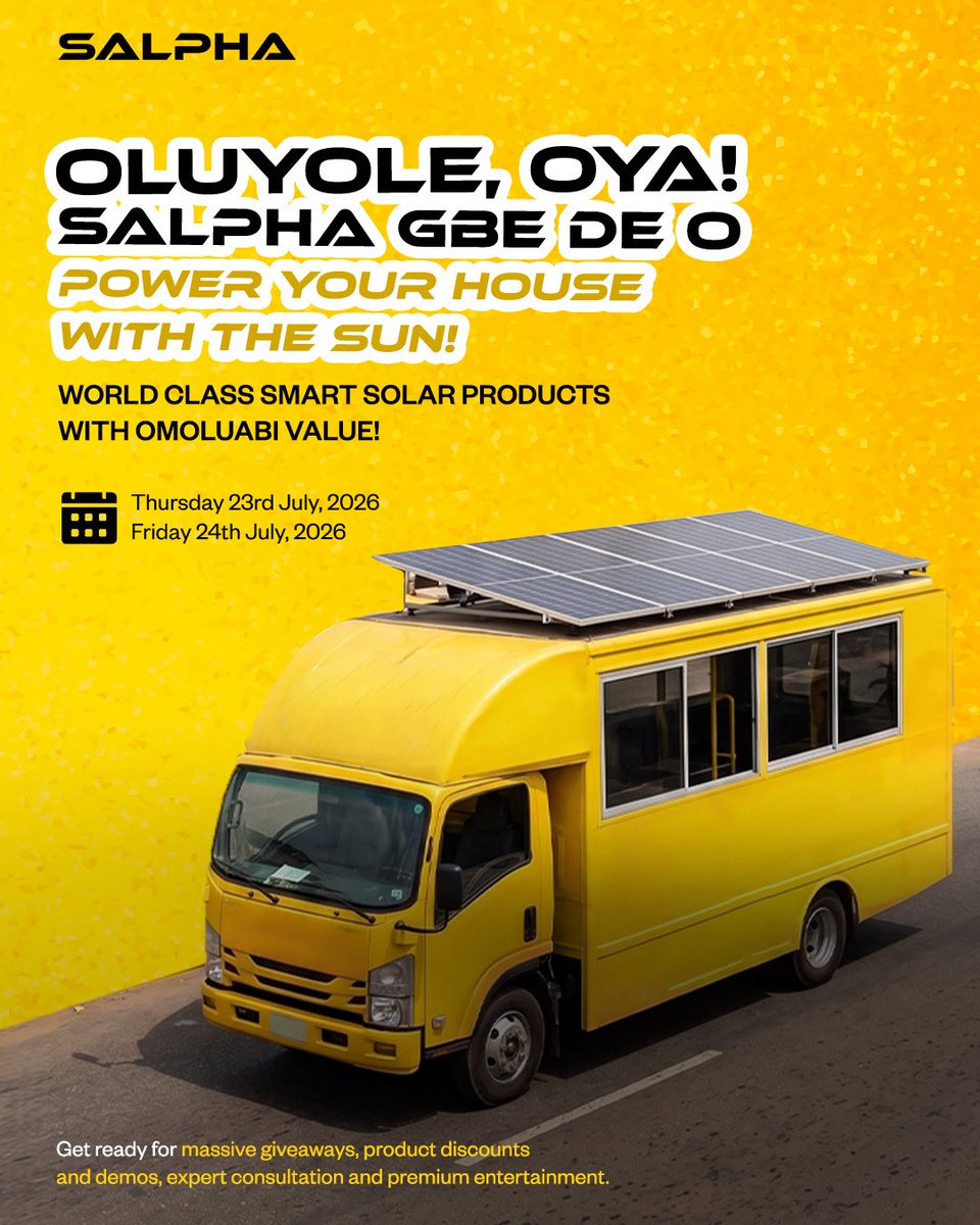 SalphaEnergy's tweet photo. Oluyole, e dide! 

👀Darkness shouldn’t be part of our heritage. 👎

The massive yellow truck is live in Oluyole on Thursday and Friday; If you sight it, Pull up to grap your solar systems! 

.
.
.

#SalphaSolarTour #IbadanCity #OffGridNigeria #IbadanBusiness #SolarPowerOyo.. https://t.co/JxDwhxY6b2
