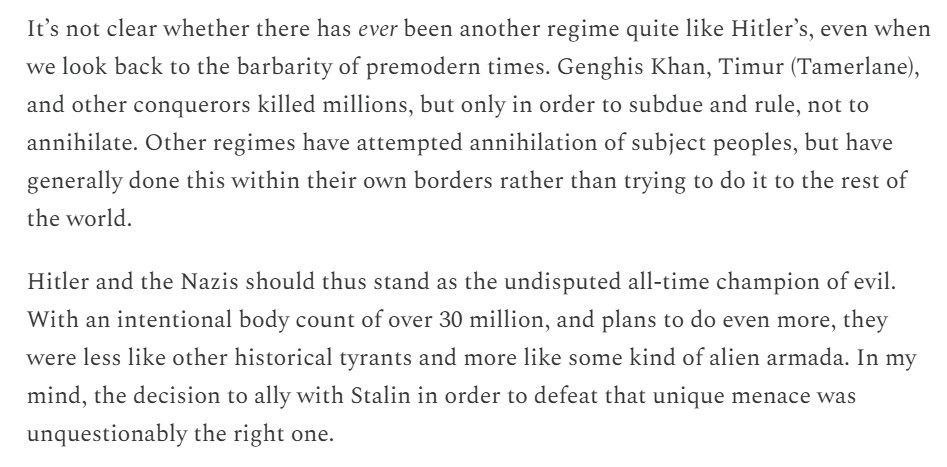 Noahpinion's tweet photo. In this post I explain why the Nazis really were the worst regime of the 20th century -- and possibly, of all of history so far.

They were less like conquerors, or even other genocidaires, and more like an alien armada bent on annihilating the entire rest of the world. https://t.co/wqsraYsYWA