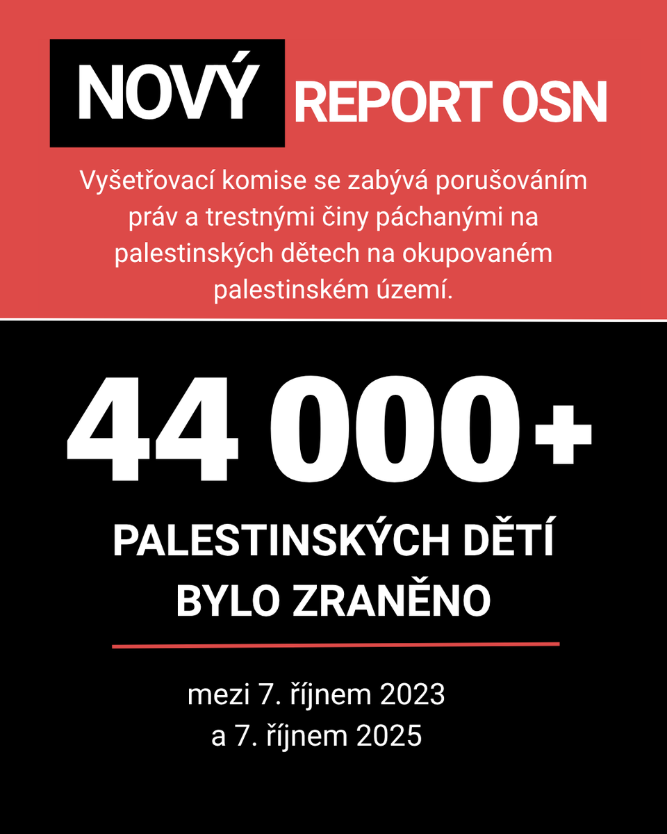 CLOVEKVTISNI's tweet photo. 1/2
Děti by nikdy neměly nést následky konfliktů. ❤️🩹
Nedávná zpráva vyšetřovací komise #OSN dokumentuje závažná porušení práv palestinských dětí od 7. října 2023, kdy začala válka v Gaze poté, co hnutí Hamás provedlo teroristický útok na Izrael. OSN také vyzývá k okamžitému vyvození odpovědnosti.