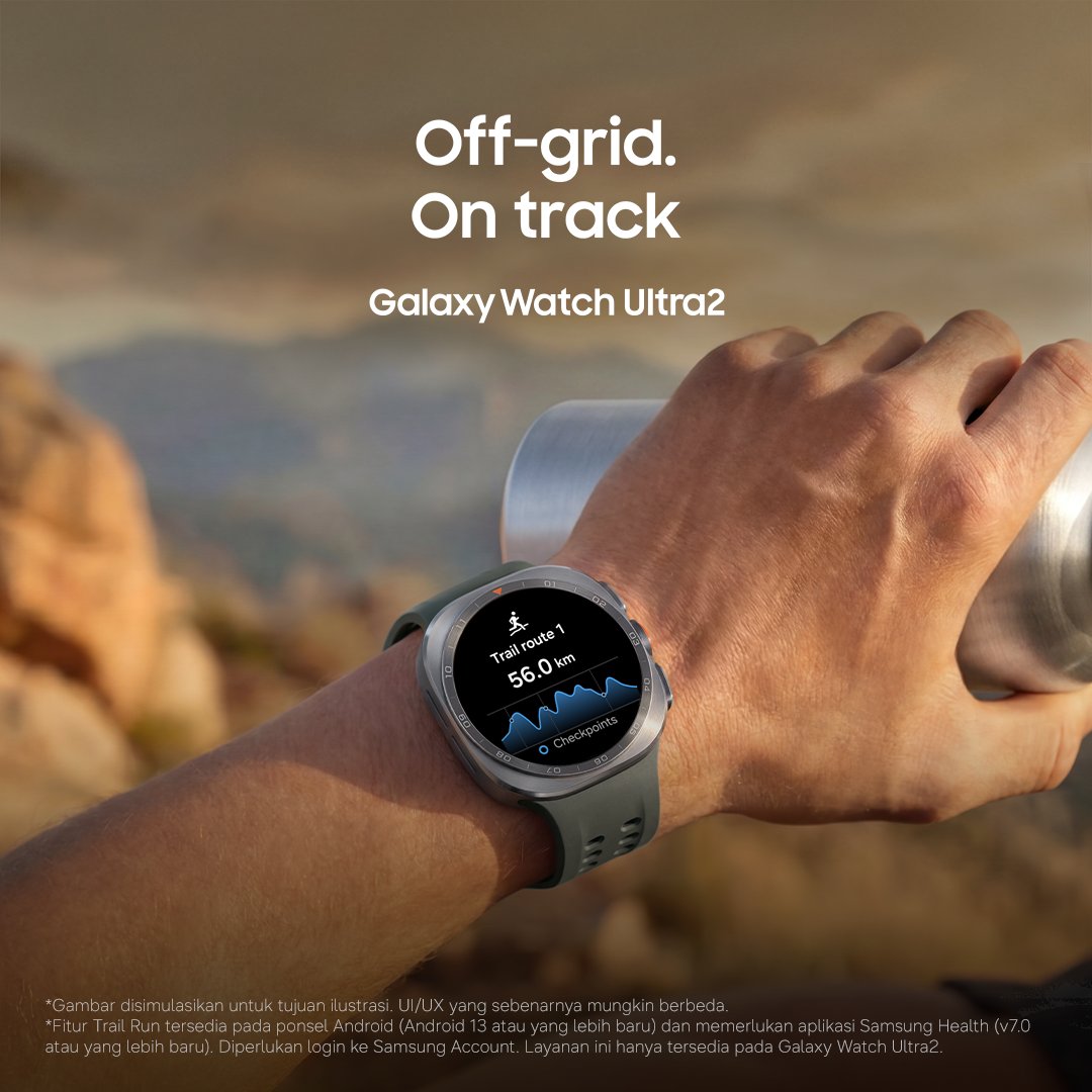 samsungID's tweet photo. For the outdoor sport enthusiast, the new Galaxy Watch Ultra2 is for you.

RT &amp; reply with ‘Trail Run Feature di #GalaxyWatchUltra2 bikin aku ready to explore more &amp; bikin journey #RestandDotheRest aku jadi lebih baik 🥳😍’ kalau kamu setuju untuk experience bareng. https://t.co/sxJns4Afqj