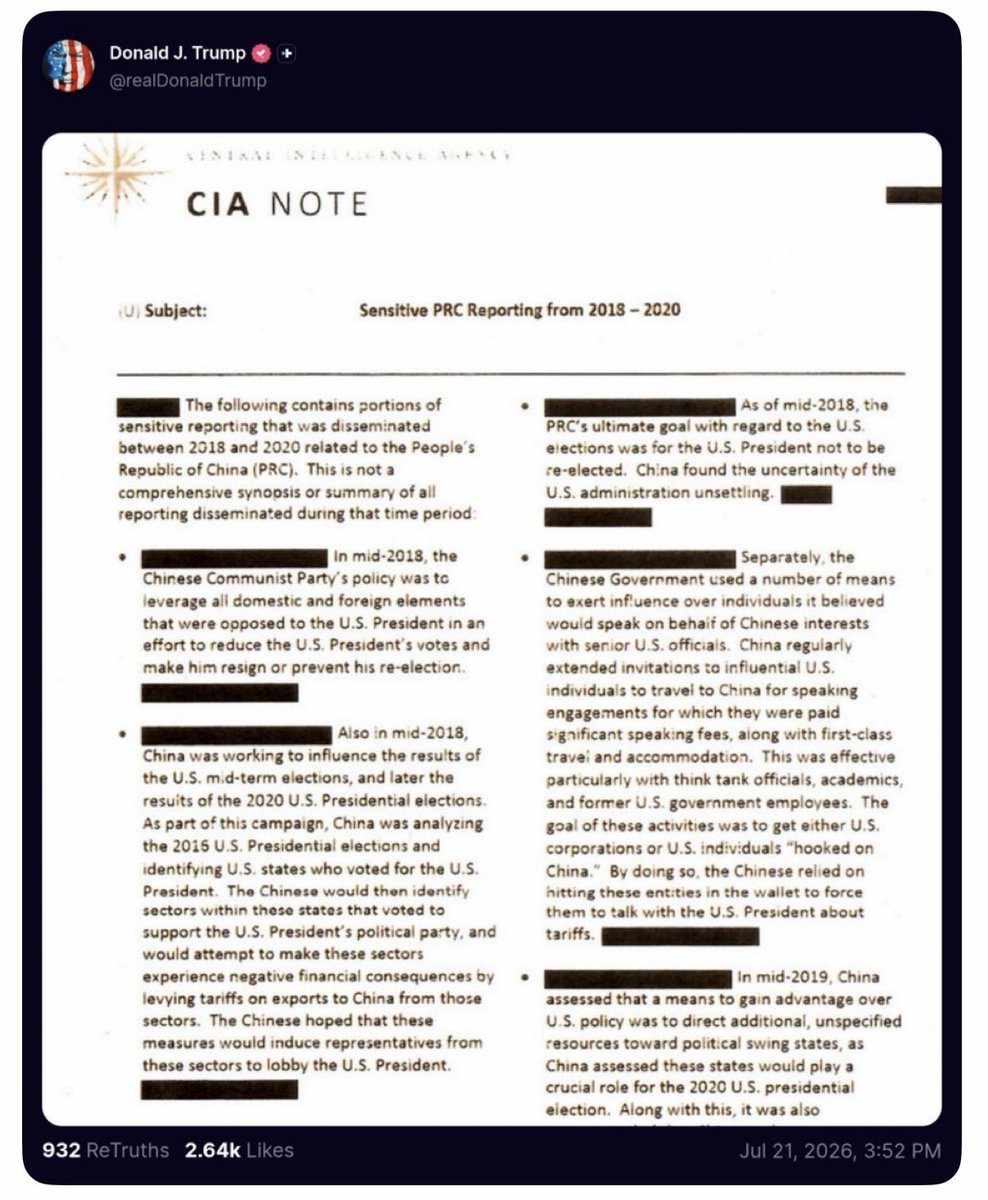 Real_RobN's tweet photo. So, let me get this straight:

While Barack Obama was manufacturing a fake, made-up Intelligence Community Assessment by tying Trump to Russia, his CIA Director, John Brennan, instructed the Five Eyes Intelligence Alliance (U.S., Canada, Australia, U.K., and New Zealand) to spy on the 2016 Trump campaign—literally interfering in the U.S. election.

“Barack Obama’s CIA Director, John Brennan, had identified 26 Trump associates for the Five Eyes to target. A source confirmed that the IC had identified them as people to ‘bump,’ or make contact with or manipulate. They were targets of our own IC and law enforcement—targets for collection and misinformation.”

Not to mention the CIA; Gina Haspel personally approved the 51 intelligence officials who conspired to overthrow the U.S. government on November 3, 2020, all while working on behalf of the Chinese Communist Party.

“In mid-2018, China was working to influence the results of the U.S. mid-term elections, and later the resuits of the 2020 U.S. Presidential elections.
As part of this campaign, China was analyzing the 2016 U.S. Presidential elections and identifying U.S. states who voted for the U.S.
President.

“As of mid-2018, the PRC’s ultimate goal with regard to the U.S. elections was for the U.S. President not to be re-elected.”

In other words: the Chinese Intelligence Agency (CIA)

Do you understand what’s happened over here?