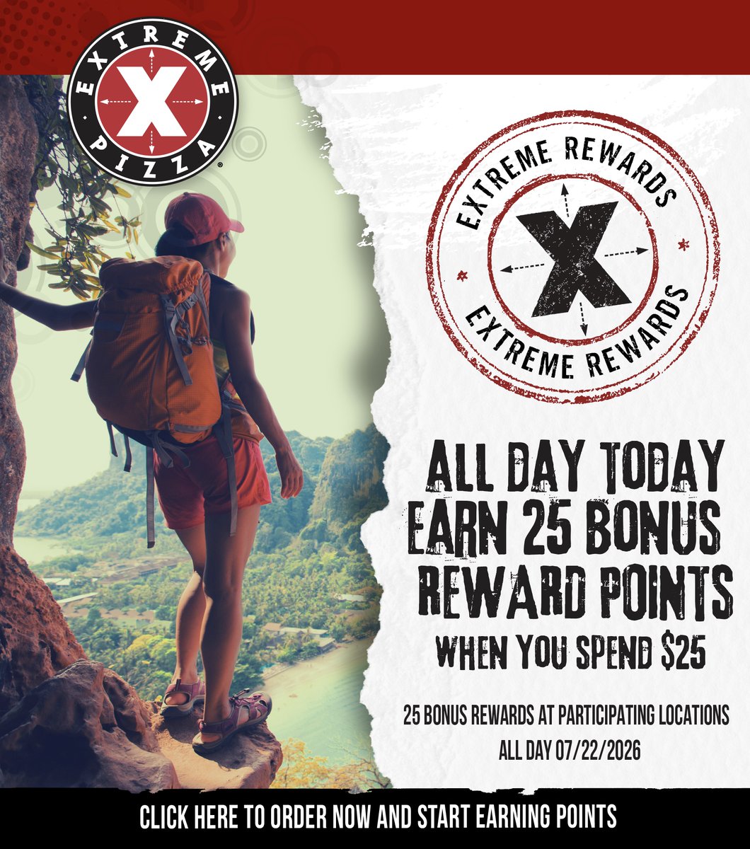 Extreme_Pizza's tweet photo. Calling all Extreme Pizza fans! Earn bonus reward points all day today, see all details on coupon. Valid at participating locations. #ExtremePizza #vibes #ExtremeRewards #bonuspoints #today #pizza #pizzadelivery https://t.co/x0H7alqWLU
