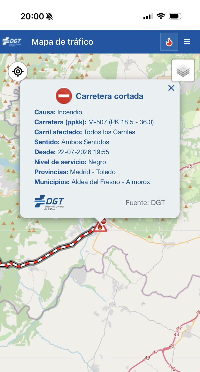 COPEPINARES's tweet photo. Según indica @DGTes  @InformacionDGT
queda cortada la M507 entre Aldea del Fresno, Villa del Prado hasta la conexión con la #N403 por el #IFAlmorox
Eviten la zona https://t.co/CfIFMAB2WZ