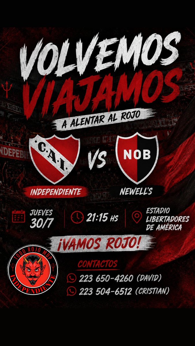 TodorojoMdp's tweet photo. Y como vuelve el torneo,  también vuelven los viajes 🚍

✍️ ya estamos anotando!

Salida 13hs
Valor del viaje $65.000

Comunícate! 👹 https://t.co/8LMI3cGnzl