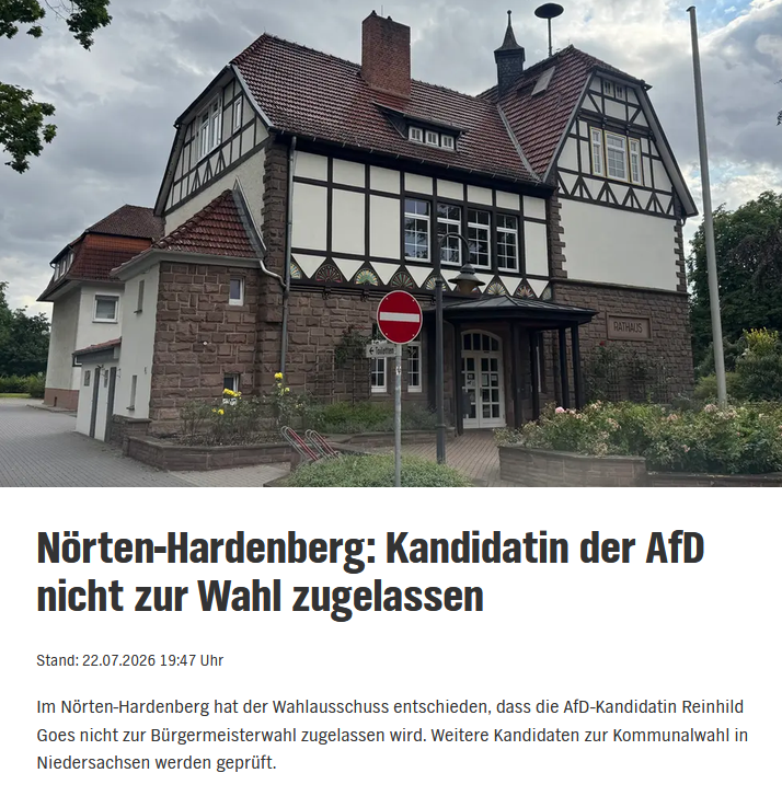 PeterBorbe's tweet photo. Es geht weiter in Niedersachsen: Wieder wurde die AfD von einer Wahl ausgeschlossen: Reinhild Goes (AfD) wurde vom Gemeindewahlausschuss nicht als Kandidatin zur Bürgermeisterwahl in Nörten-Hardenberg zugelassen. 

In Niedersachsen wird gerade ein faktisches Parteiverbot ohne Gerichtsurteil umgesetzt!
https://t.co/bzpNiPE61F
