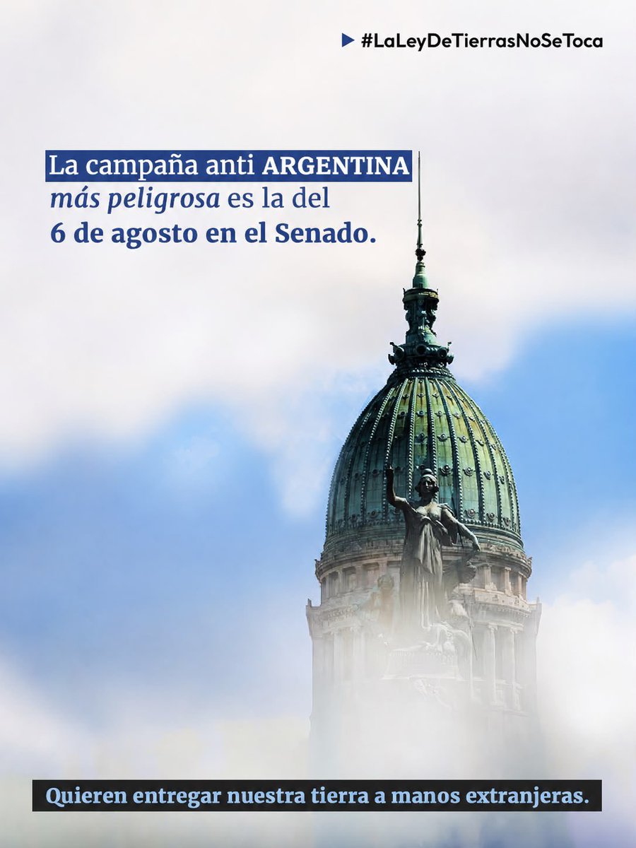 danyvilar's tweet photo. La campaña anti Argentina más peligrosa es la que está pasando en el Senado. Este 6 de agosto tenemos que defender nuestras tierras con lo mejor que tenemos, el orgullo de ser argentinos.

#LaLeyDeTierrasNoSeToca https://t.co/m6X5m0HXlI
