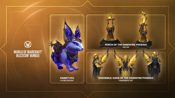 Promotional graphic for the World of Warcraft BlizzCon Bundle featuring the Rabbit'Atath flying mount, Perch of the Dawnfire Phoenix housing décor, and the Garb of the Dawnfire Phoenix transmog set displayed on multiple character views against a gold background.