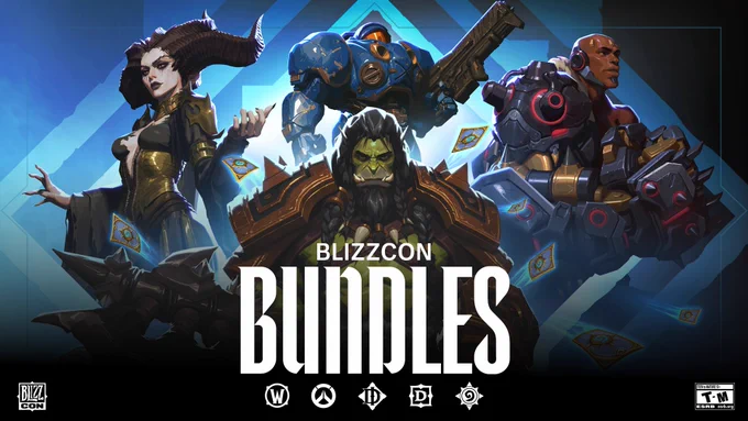Key art promoting BlizzCon Digital Bundles featuring heroes from World of Warcraft, Diablo IV, Overwatch, and Hearthstone. The graphic highlights the BlizzCon Bundles branding and includes icons for all participating franchises.