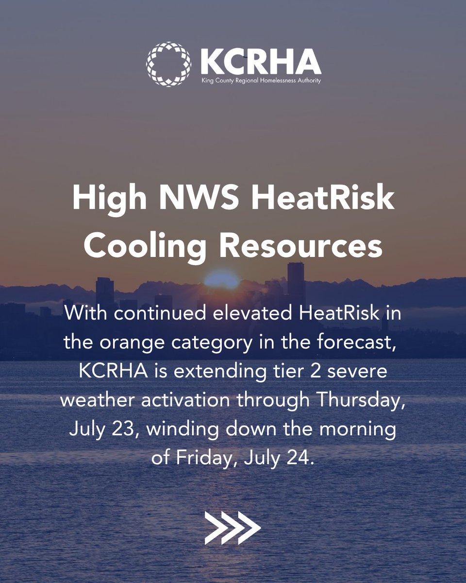 KingCoRHA's tweet photo. KCRHA is extending current tier 2 severe weather protocols through Thurs 7/23, winding down the morning of Fri 7/24. Click through for resources in our area, including Seattle and North King: https://t.co/KbZ79T6369 https://t.co/Wa2yuf24pZ