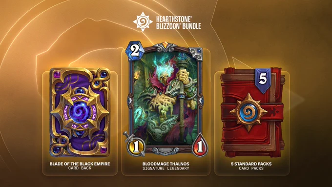 Promotional image for the Hearthstone BlizzCon Bundle featuring the Blade of the Black Empire card back, the Bloodmage Thalnos Signature Legendary card, and five Standard card packs on a gold background.