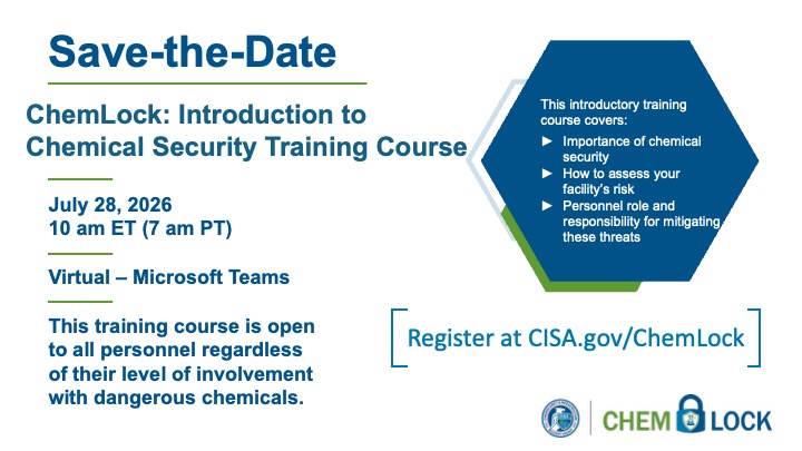 globalcmrpt's tweet photo. RT @CISAgov ChemLock Virtual Training, July 28 https://t.co/QBl1my1oai https://t.co/UFinykCJtW