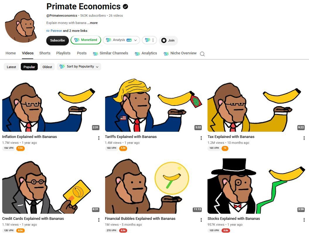 automat_expert's tweet photo. 🚨 CHANNEL SPOTTED!

📈 26 videos • 563K subscribers • 30.4M views

The niche? Economics explained with bananas. 🍌

Simple branding. Consistent format. Complex finance made easy to understand.

💡 People don't avoid difficult topics—they avoid confusing explanations. 🚀 https://t.co/X8Fo2A9Jrd