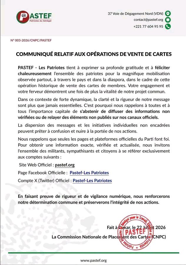 PatrioteDigtal's tweet photo. 🚨Communiqué relatif aux opérations de vente de cartes de membres et la publication d’informations hors canaux officiels. https://t.co/LGF9o3fSnI