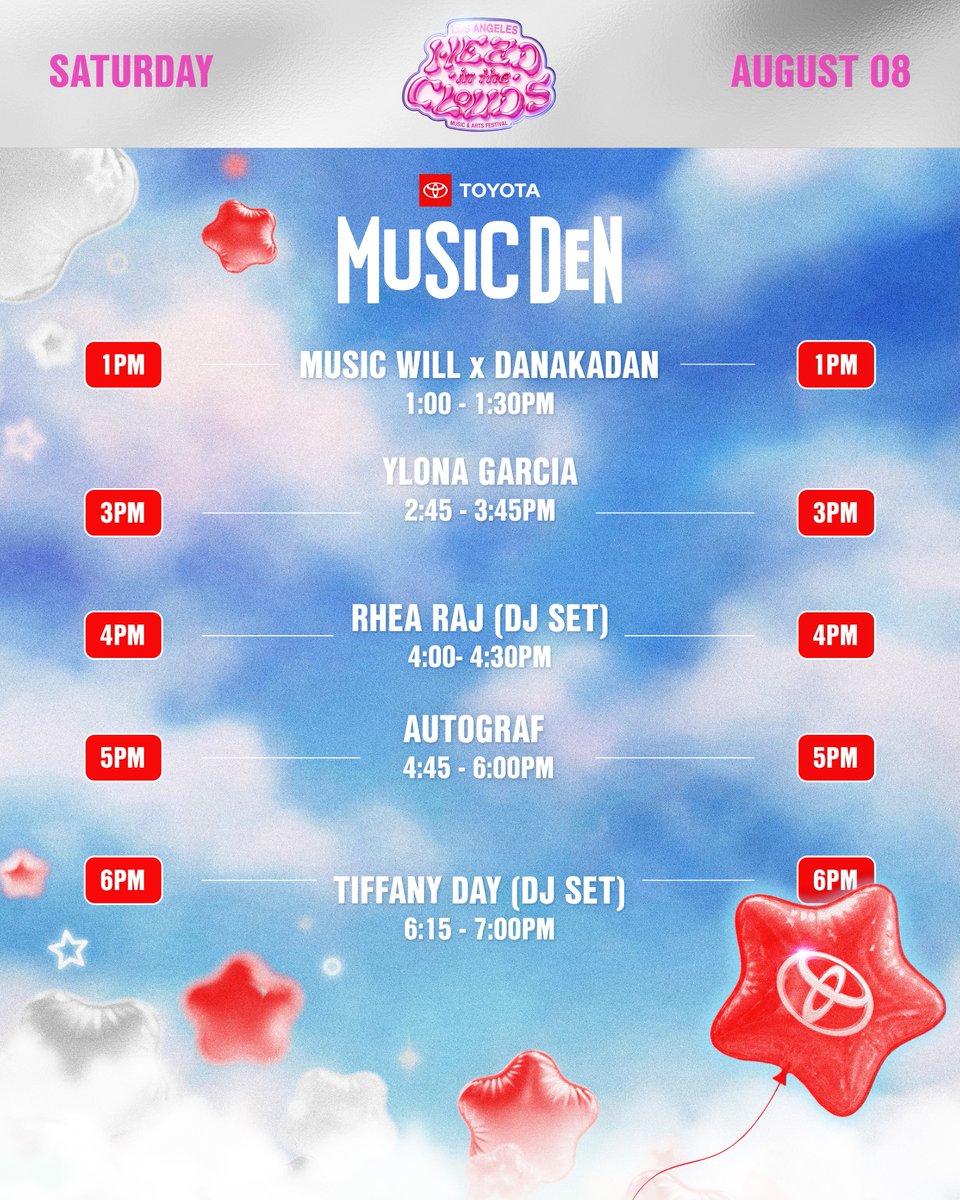 hitcfestival's tweet photo. Introducing the Toyota Music Den, a new stage at Head In The Clouds ft. DJ sets &amp; live performances by @tiffdidwhat, @rhearaj, @autografmusic, @ylonuhhh, @musicwillorg &amp; @DANAKADAN ✨❤️

August 8th at Brookside at The Rose Bowl☁️

#headintheclouds #toyotapartner #toyotamusicden https://t.co/iJzvO6FHC1