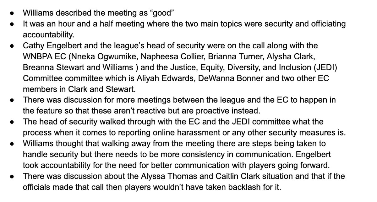 ClassicJpow's tweet photo. A group of reporters caught up with Elizabeth Williams earlier today, the secretary of the WNBPA. We asked her all about the meeting that the executive committee and JEDI committee of the PA had with Cathy Engelbert and the league last night. 

Here are some takeaways. https://t.co/9suYh5yLJo